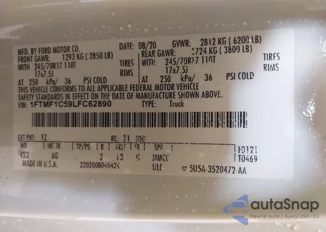 2020 Ford F-150 Xl z USA, uszkodzony, nr VIN 1FTMF1C59LFC62890